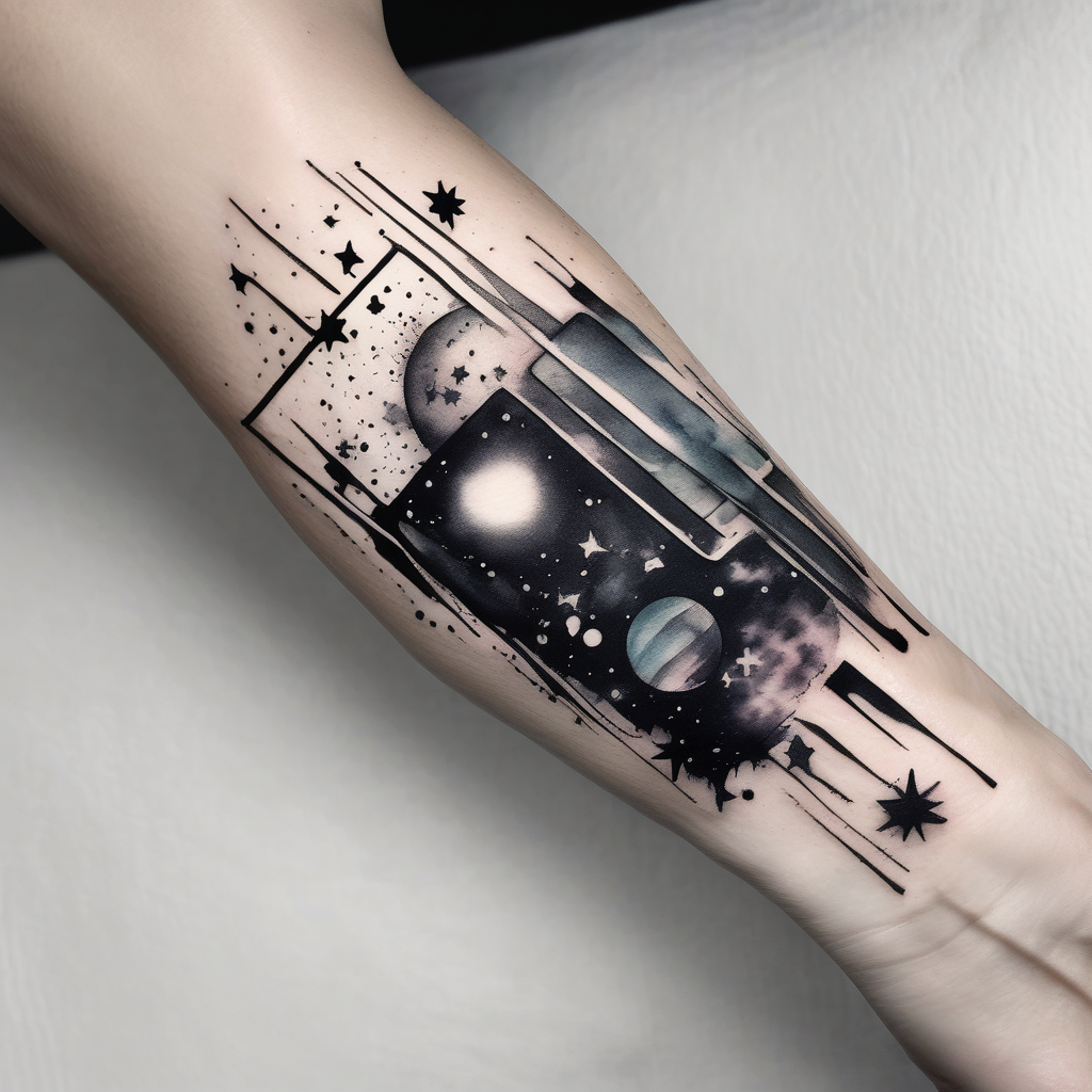 I wanna a tattoo in my wrist with a shape of rectangle wide as a bracelet with astronomy theme galaxy planets and stars like stripe english dragon tattoo, AI-generated Watercolor tattoo design
